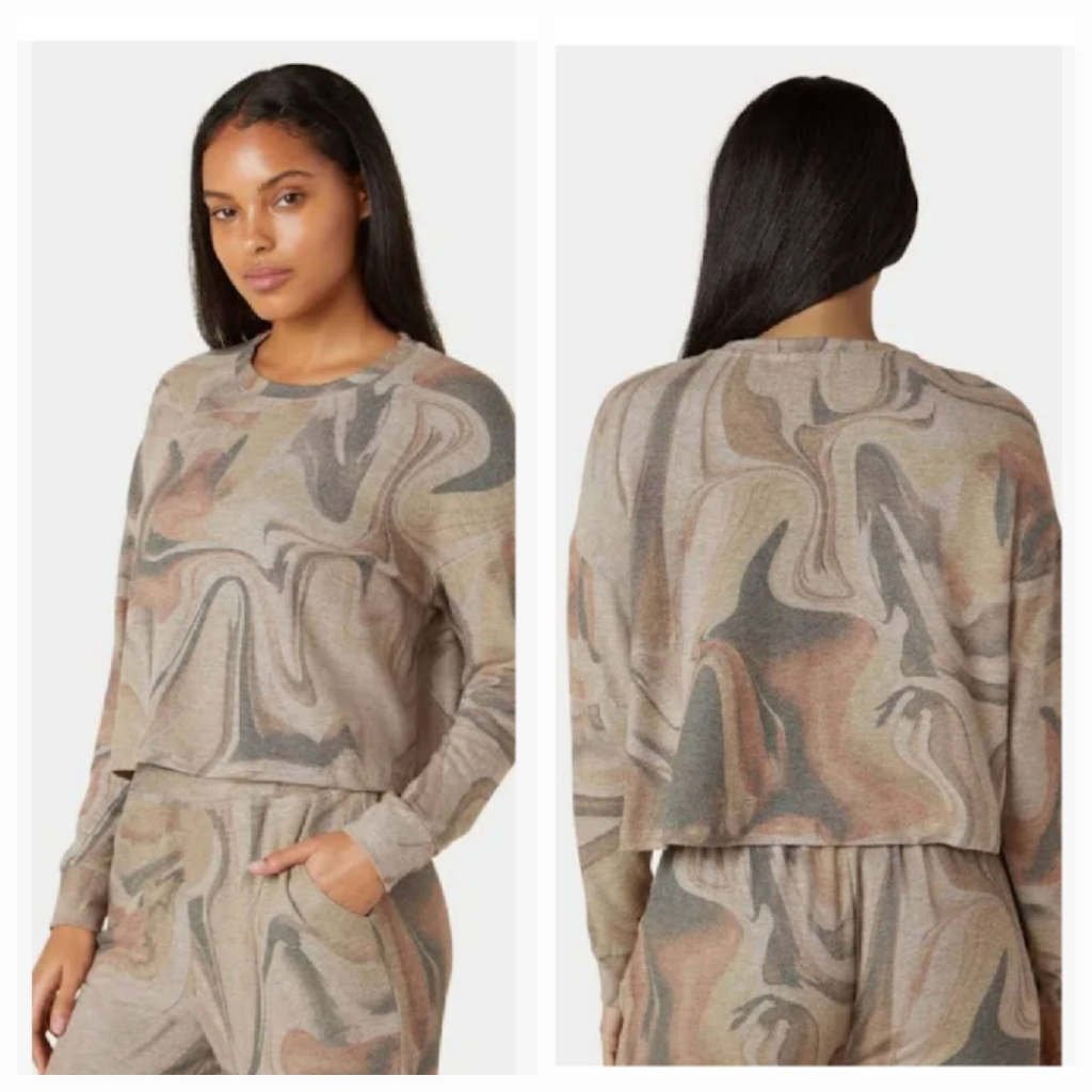 Beyond Yoga Natural Marble Cropped Pullover Size M